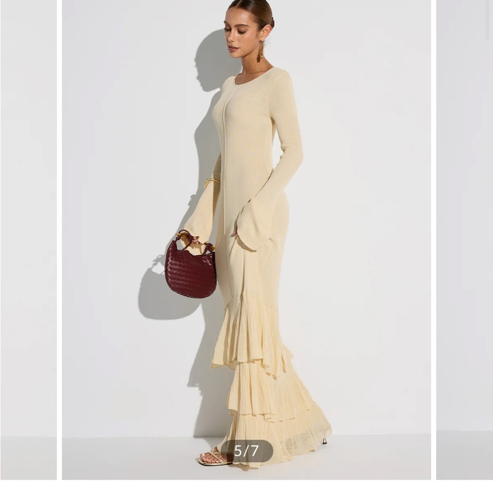 Layered Cream Ruffled Hem Knit Maxi Dress - Picture 5 of 11